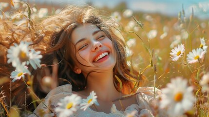 Happy girl on the meadow with white flowers