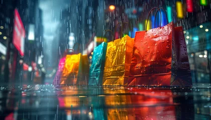 Papier Peint photo Lavable Papillons en grunge Colorful shopping bags, set in the rain, colorful lights at night, generative ai