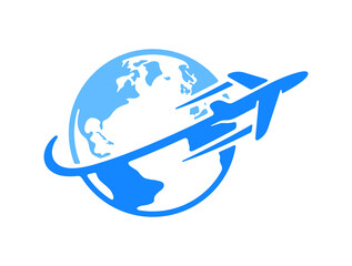 Airplane or plane flying around the globe or planet. Travel, traveling, transportation, earth, aircraft and aeroplane, illustration