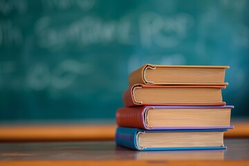Close-up of a stack of school textbooks books on a wooden table against the background of a blurred educational chalkboard in classroom. Concept of back to school, learning, school times, banner with  - obrazy, fototapety, plakaty