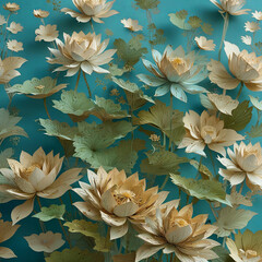 Lotus Flower Bouquet on Blue Background with Light Play Gen AI