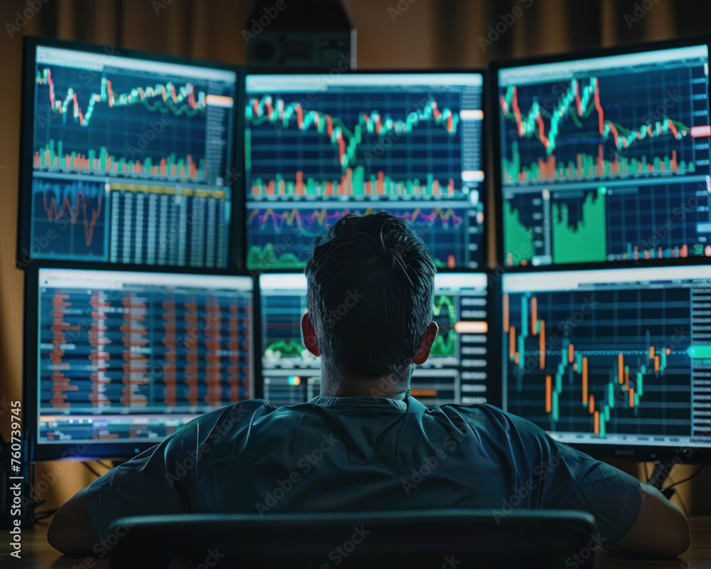 Poster over the shoulder view of a trader analyzing stock market data on multiple monitors