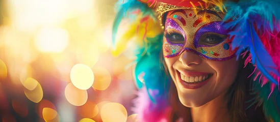 Papier Peint photo Lavable Carnaval Close up happy young woman  in a carnival bright colored mask with feathers participates in a parade at the carnival with copyspace for text