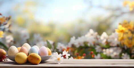 Background of easter egg on rusty wooden table blur bokeh nature background. Easter Concept - obrazy, fototapety, plakaty