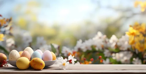 Poster Background of easter egg on rusty wooden table blur bokeh nature background. Easter Concept © Spyrydon