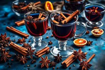Hot wine with spices in glass glasses. Mulled wine with cinnamon and star anise on a blue table...