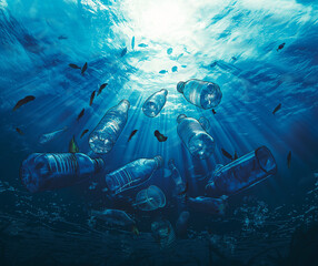 Illustration Plastic Bottles in Daylight in the sea. Ecology contaminated