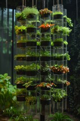 Close up shelves with salad, greens and young microgreens in pots under LED lamps on hydroponic vertical farms. Concept of agriculture business of future 