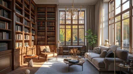 A cozy, stylish modern library with large floor-to-ceiling windows and tall cabinets full of a variety of books. Hobby, leisure and education concept