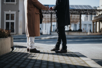 Close-up of a casual business handshake outside on a bright day, symbolizing a friendly agreement...