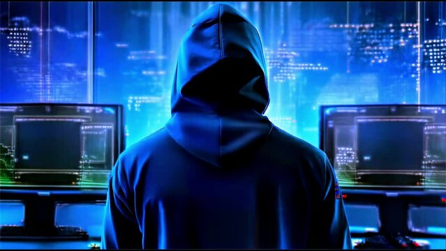 Mysterious Coder in Hoodie, Cybersecurity Expert, Digital Data Analysis, Multiple Computer Screens, Dark Room with Blue Lighting