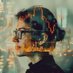 Artistic double exposure portrait of a trader with overlaying stock market graphs