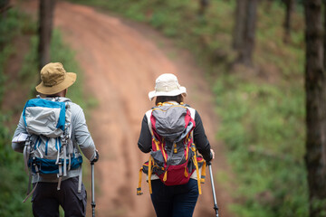 Hipster couple traveling tourist hiking holiday, wild adventure