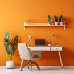 Orange: An office desk and chair with orange wall and a plant that sits on the shelf