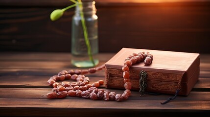 Ramadan essentials: gift box with dried dates and prayer beads on wooden table

