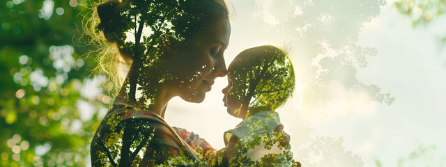 Double exposure of a mother with baby and a lush green forest.