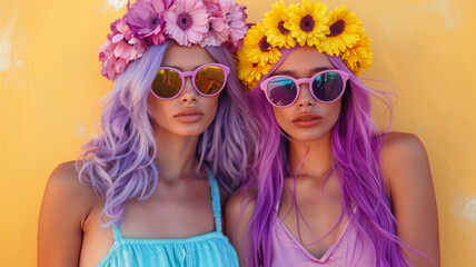 Two women with colorful hair and sunglasses are posing for a photo. Scene is fun and playful, women are wearing bright colors and accessories. pretty girls with purple hair and bright rainbow makeup