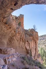 Alcove House at Bandelier National Monument preserves Ancestral Puebloan home in New Mexico. Ceremonial Cave with kiva above Frijoles Canyon.