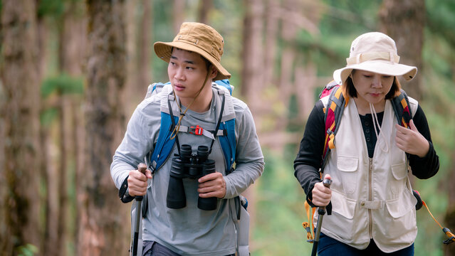Hiking Couple backpacker in the pine forest.