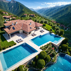 A drone shot of a luxury swimming pool in the mountains, luxury mansion and garden, mountain scenery, architectural, architecture inspiration, concept, modern building, travel, vacation 