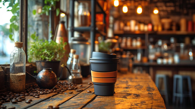 A black coffee cup with a brown handle sits on a wooden table in a coffee shop