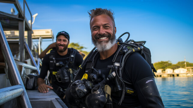 Two men are smiling and posing for a photo while wearing scuba gear