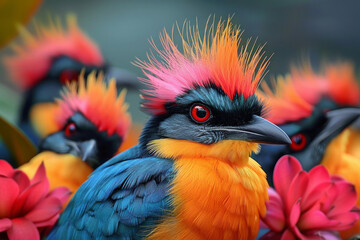 Obraz premium A bird with a red beak and blue-yellow feathers sits on a branch with berries. The bird is perched on a branch with berries and is surrounded by a colorful and vibrant scene. stunning beautiful exotic