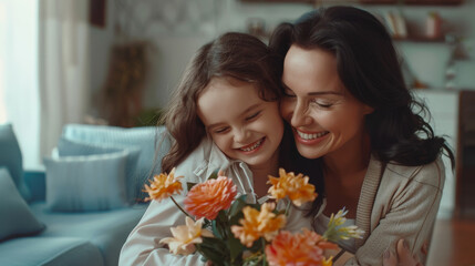 A mother and child share a tender embrace, with the child holding a bouquet of flowers.