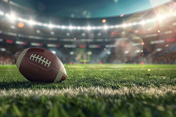 American football ball on the field in the stadium