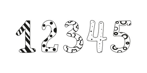 Numbers from 1 to 5. Figure, drawings, doodles. Row of cartoon numbers collection. Birthday. Greeting card design. Vector icons, illustrations on white isolated background.