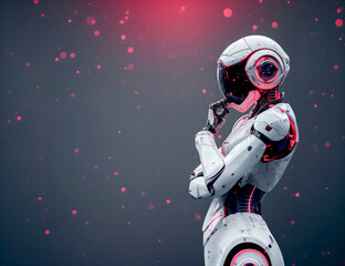 Image of the upper half of an AI robot side view He is crossing his arms and pretending to think in a futuristic spacesuit floats weightlessly among the stars. - obrazy, fototapety, plakaty