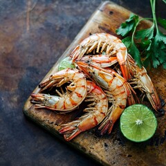 Grilled shrimps on a cutting Board with parsley and lime. On rustic background