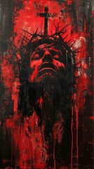 A dramatic and intense contemporary art painting featuring a thorn-crowned figure in red....