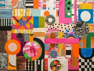 A collage featuring various paper cutouts, photographs, and mixed media elements arranged in a visually dynamic composition