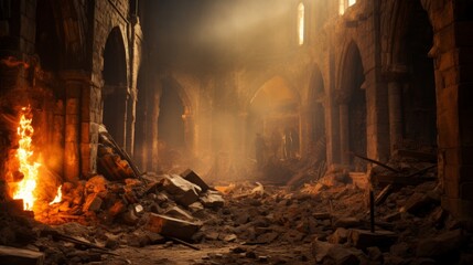 Background of the interior of a castle in ruins of fire