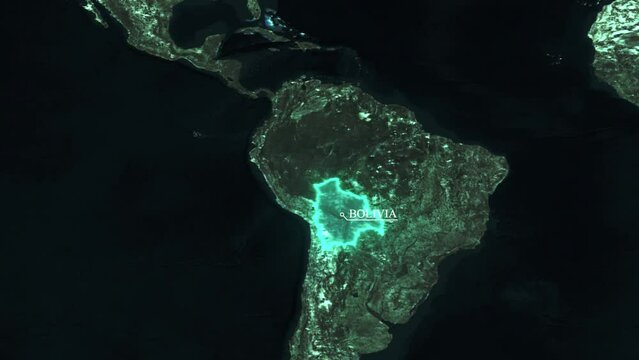 Satellite map animation showing Bolivia location, borders and surrounding South American terrain