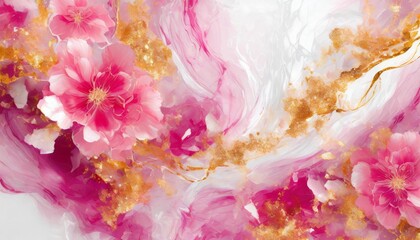 abstract marble marbled stone ink liquid fluid painted painting texture luxury background banner pink petals blossom flower swirls gold painted lines