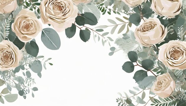 beige rose flowers eringium flower and eucalyptus branches on a white background create a floral border frame copy space image place for adding text or design
