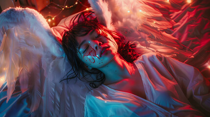 Young Woman with Wings Lying in Soho Loft, Crying Red
 - obrazy, fototapety, plakaty