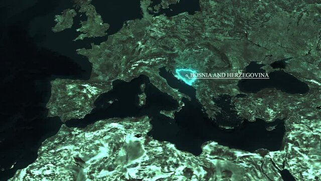 Satellite map animation showing Bosnia location, borders and surrounding Balkan terrain