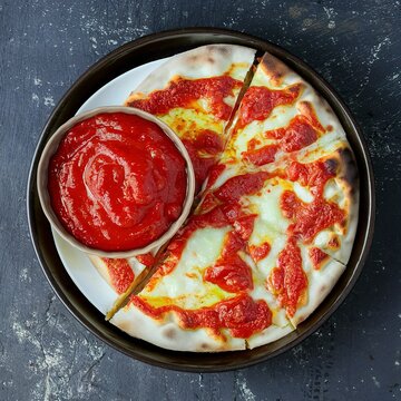 Sea pizza and tomato sauce in bowl. On dark rustic background