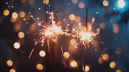three lit sparkling sparkler candles on fire on blurred dark background with lights