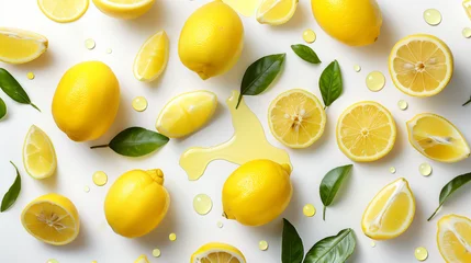 Foto op Plexiglas juicy lemons are whole and slices from which juice flows on a white background © Maru_sua