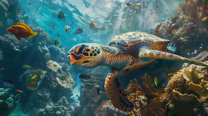Obraz na płótnie Canvas Detailed sea turtle swimming among colorful fish and coral reefs