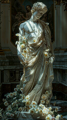 Man statue made of marble with daisies on him
