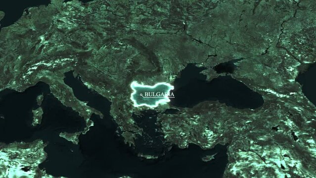 Satellite map animation showing Bulgaria location, borders and surrounding Balkan terrain