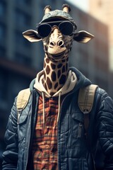 A giraffe in stylish hip-hop attire against a simple urban backdrop  AI generated illustration