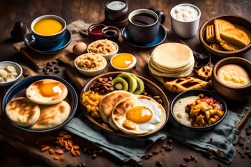 Colombian breakfast with arepas, coffee, bread, eggs, warmed rice and fruit 