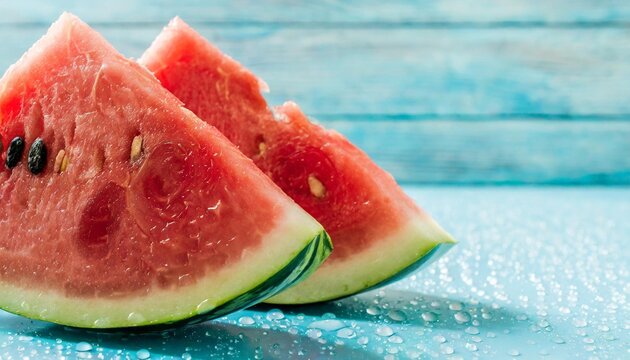 slides fresh of watermelon on light blue background with water drops summer panorama