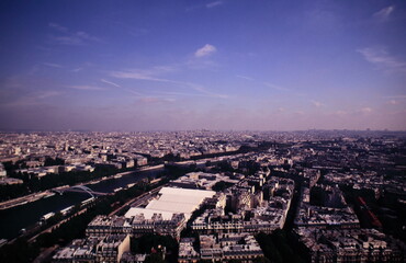 Aerial view of Paris and the seine river from Eiffel Tower during 1990s - obrazy, fototapety, plakaty